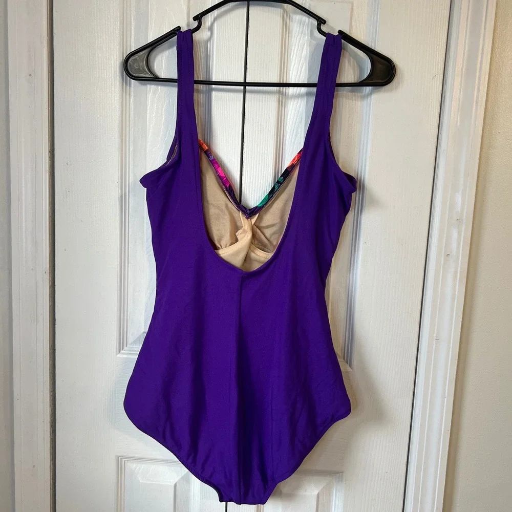 Vintage 80s The‎ Slim Suit Womens size 16 Purple Floral Swimsuit swim wear
